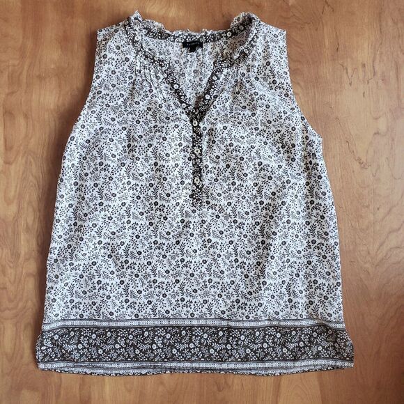 Talbots Sleeveless Cotton Popover Size L White Brown Ditsy Floral Ruffle Dainty - Picture 2 of 11